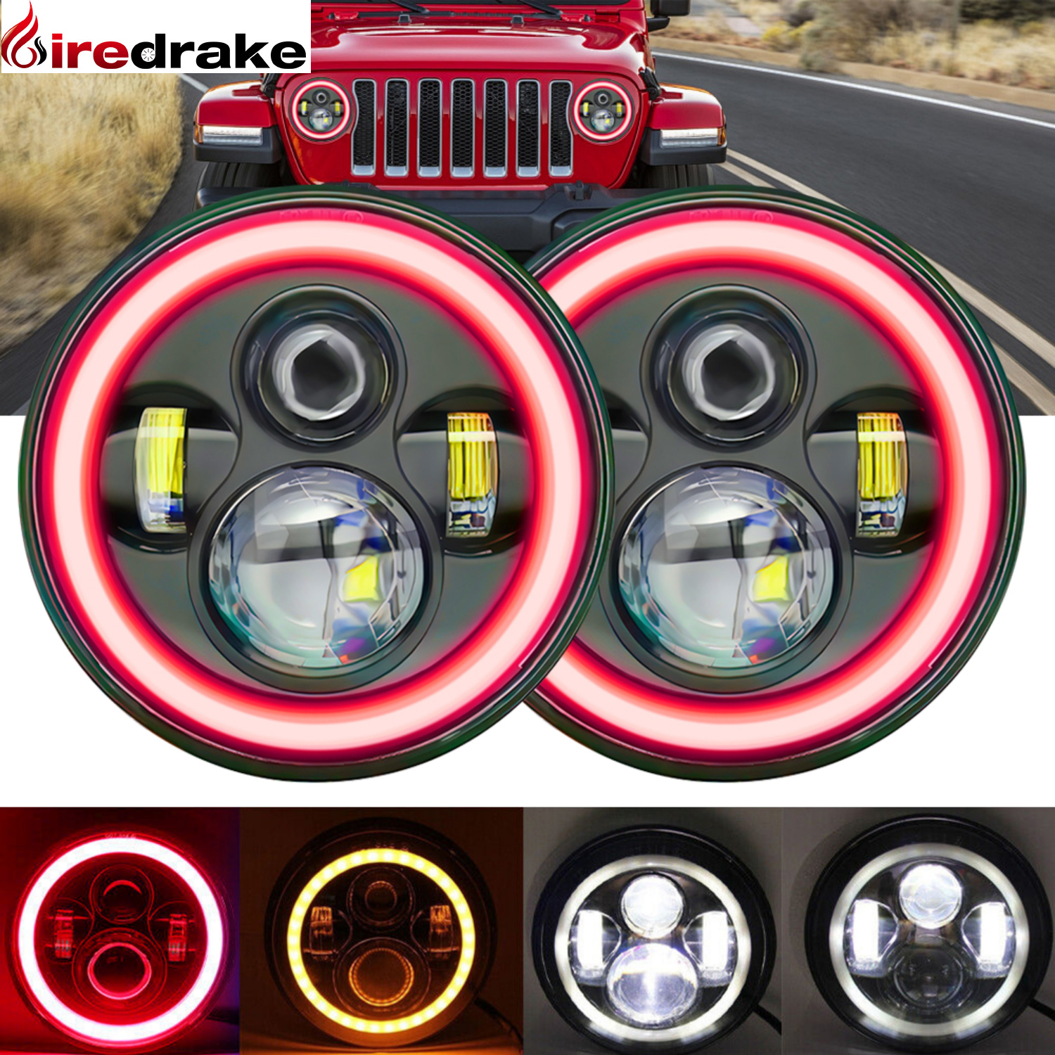 Model Kit Jeep - 7inch Led Headlight Round H4 Red